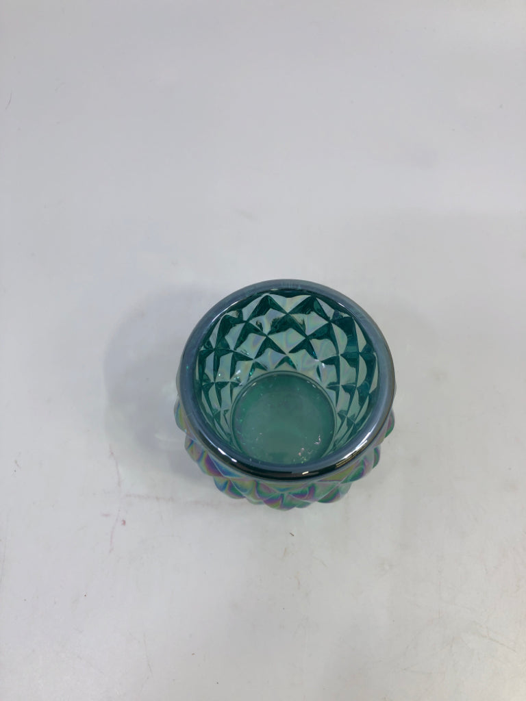 IRIDESCENT TEAL GLASS TOOTHPICK HOLDER.