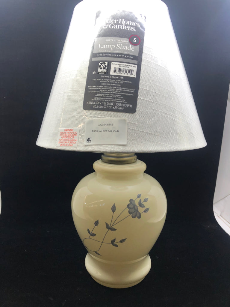 PEARL BASE W BLUE FLOWER LAMP W WHITE SHADE.