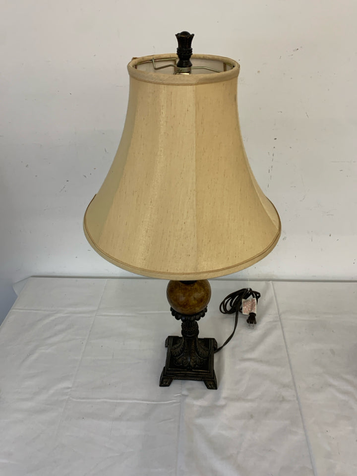 DARK MARBLE URN SCROLL LAMP W TAN SHADE.