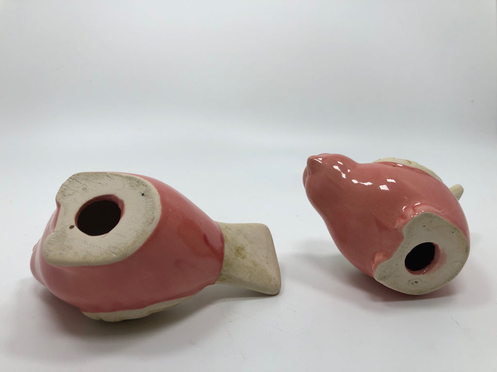 2 PINK & CREAM CERAMIC BIRD FIGURINES.