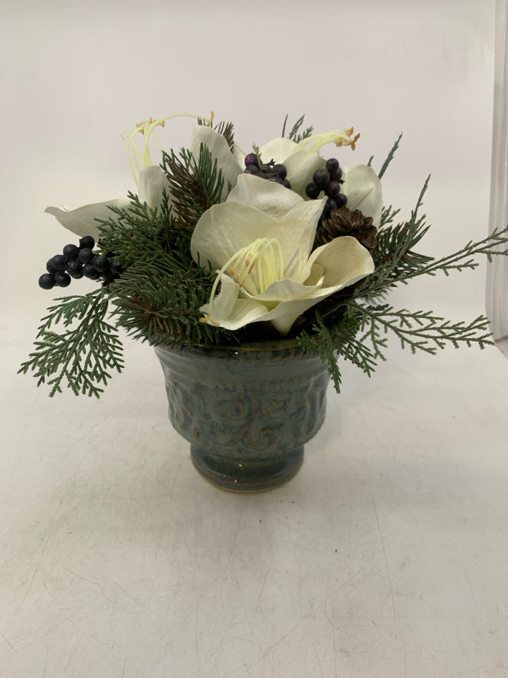 WHITE FLOWER WINTER BUNCH IN BLUE PLANTER.
