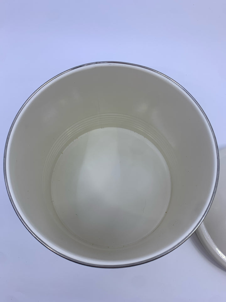 WHITE ENAMEL METAL COOKIE JAR.
