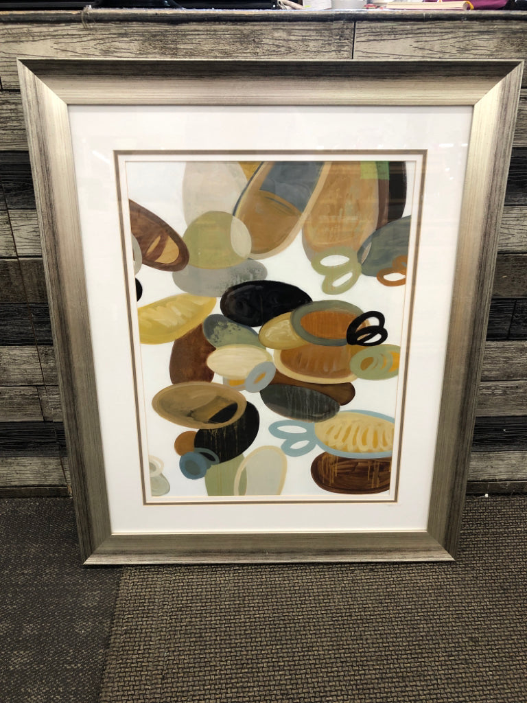 ABSTRACT COLORFUL WALL ART IN GREY FRAME.