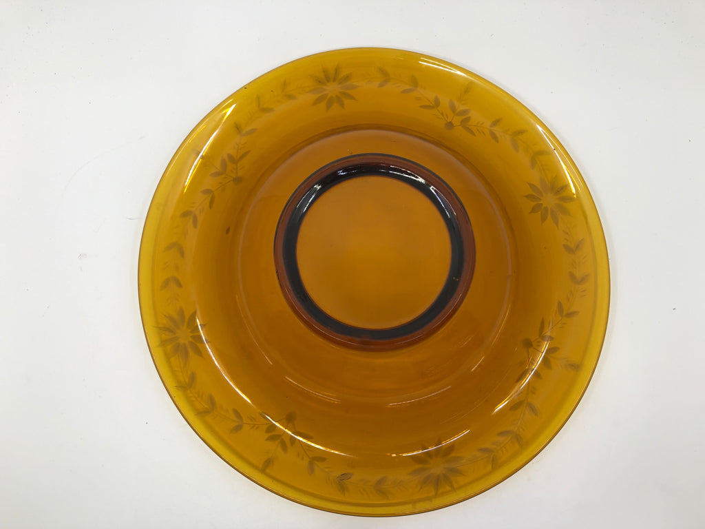 VTG ROLLED EDGE AMBER GLASS ETCHED CENTERPIECE BOWL.