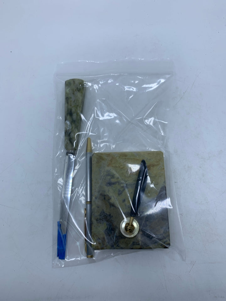 3 PC GREEN MARBLE PEN HOLDER PEN & LETTER OPENER IN BAG.