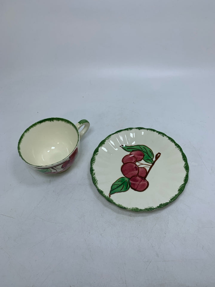PAINTED CHERRIES W/ GREEN RIM TEA CUP/SAUCER.