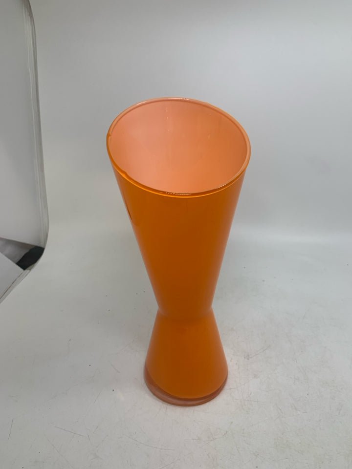 ORANGE PAINTED GLASS VASE FLARED TOP.