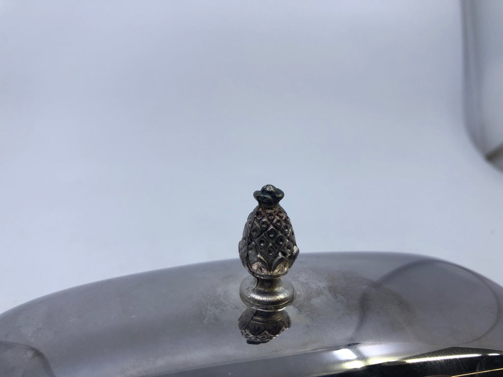 METAL + GLASS BUTTER DISH.