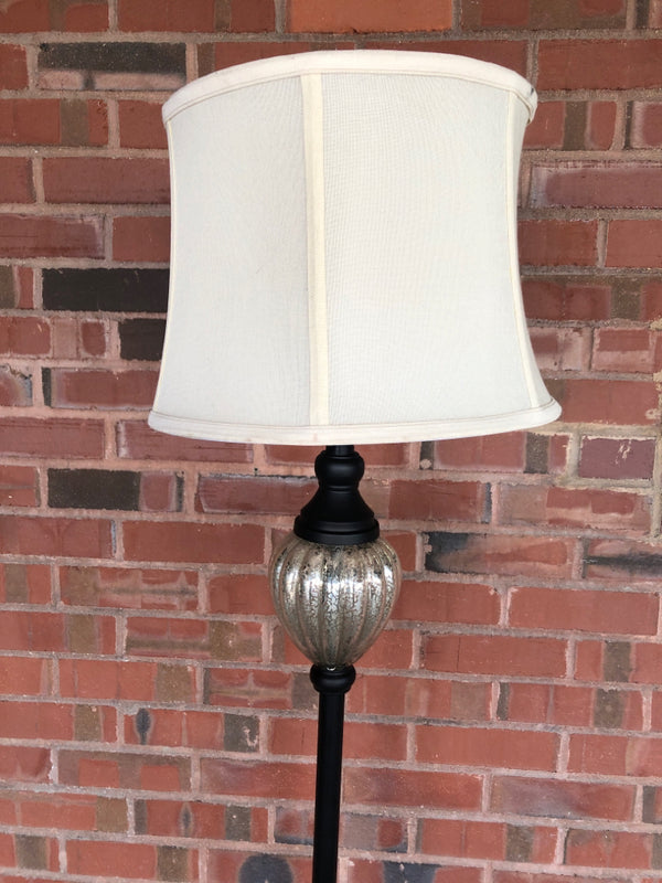 BLACK BASE FLOOR LAMP W/ GLASS MERCURY BALL- CREAM SHADE.