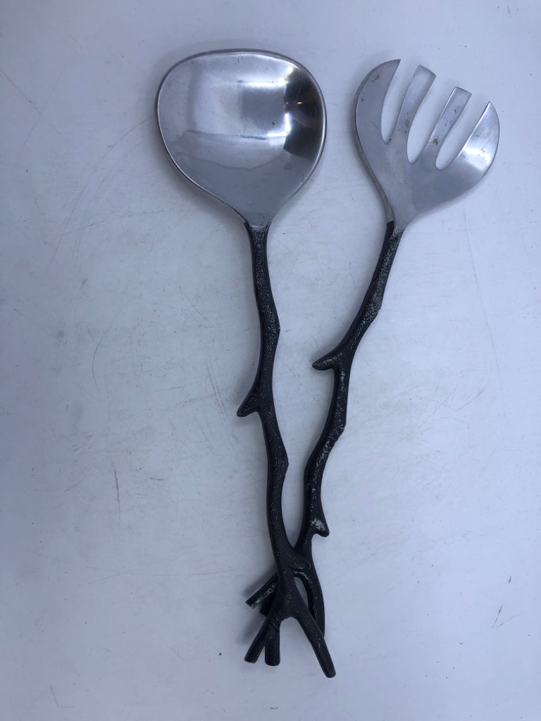 2 METAL SALAD UTENSIL BLACK TREE BRANCH STYLE HANDLE WITH SILVER HEAD.