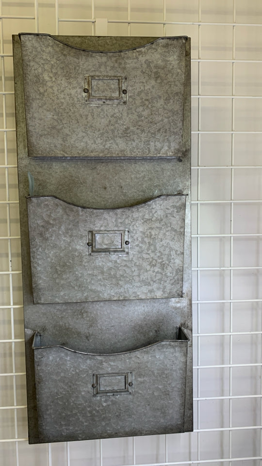 GALVANIZED METAL 3 TIER FOLDER WALL HANGING.