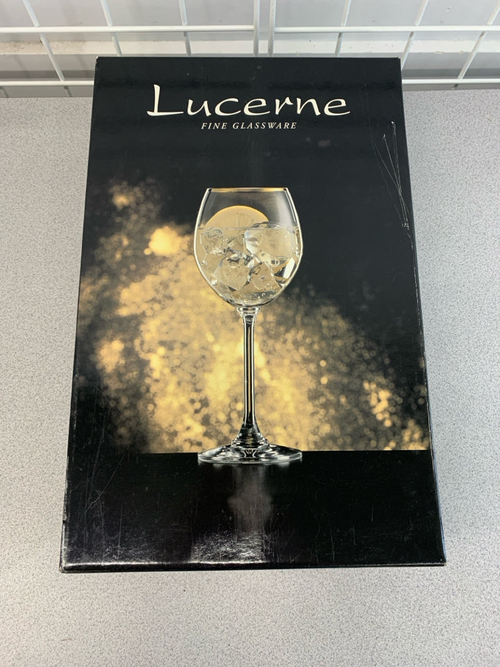 NIB 6PC LUCERNE GLASS GOBLETS W/GOLD RIM.