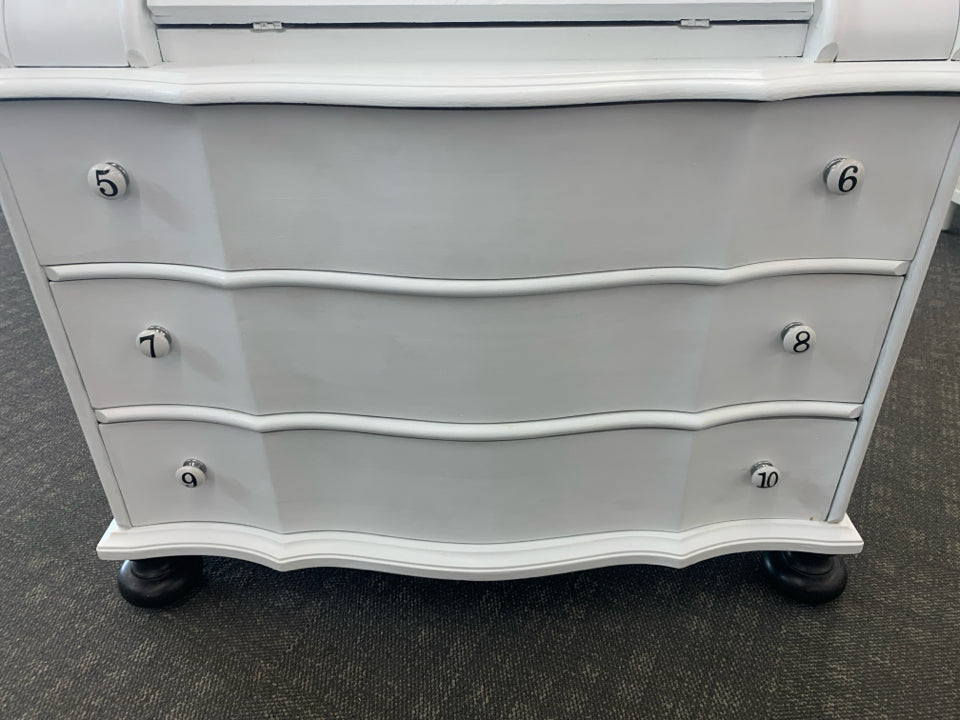 VTG WHITE PAINTED PULL DOWN DESK 7 DRAWERS.