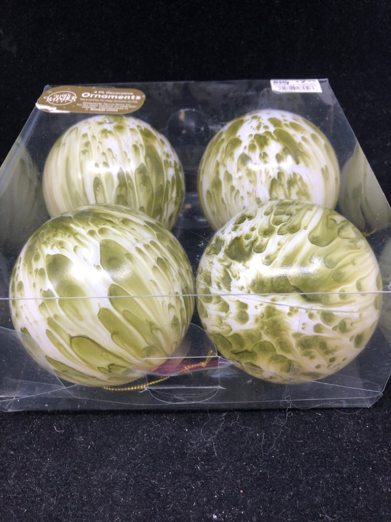 4 NIP GREEN BULB ORNAMENTS.