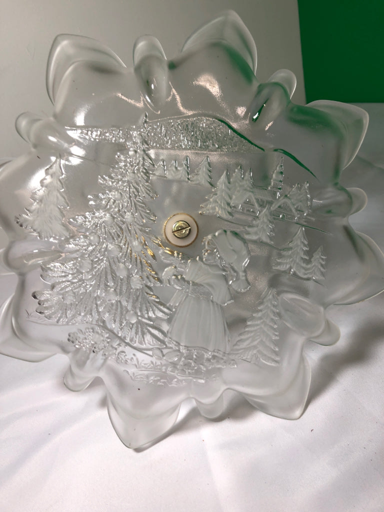 2 TIER GLASS SERVER W/ EMBOSSED GIRL LOOKING AT TREE.