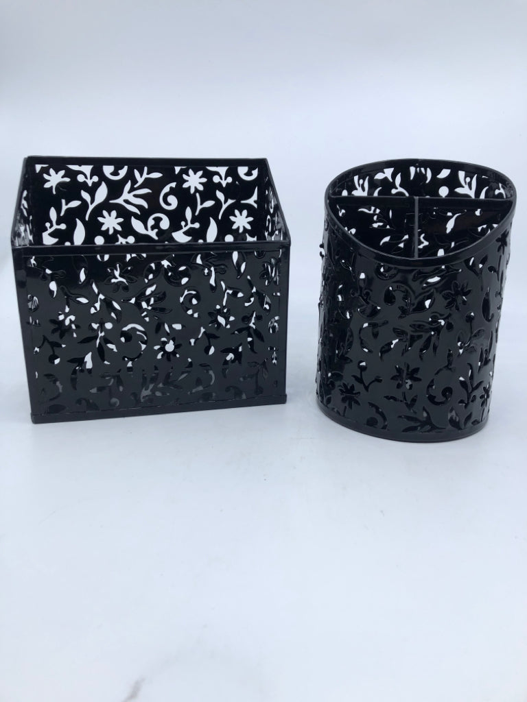 2 PC BLACK PIERCED METAL PENCIL CUP/STORAGE MAGNETIC.