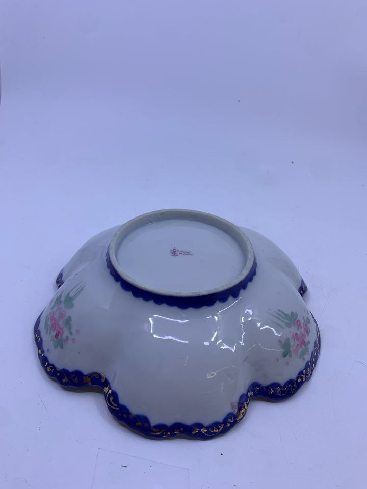 VTG PINK FLORAL W BLUE ACCENTS BOWL.