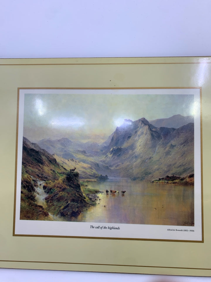 RECTANGLE TRIVET "THE CALL OF HIGHLANDS" MOUNTAIN CORK BACK.