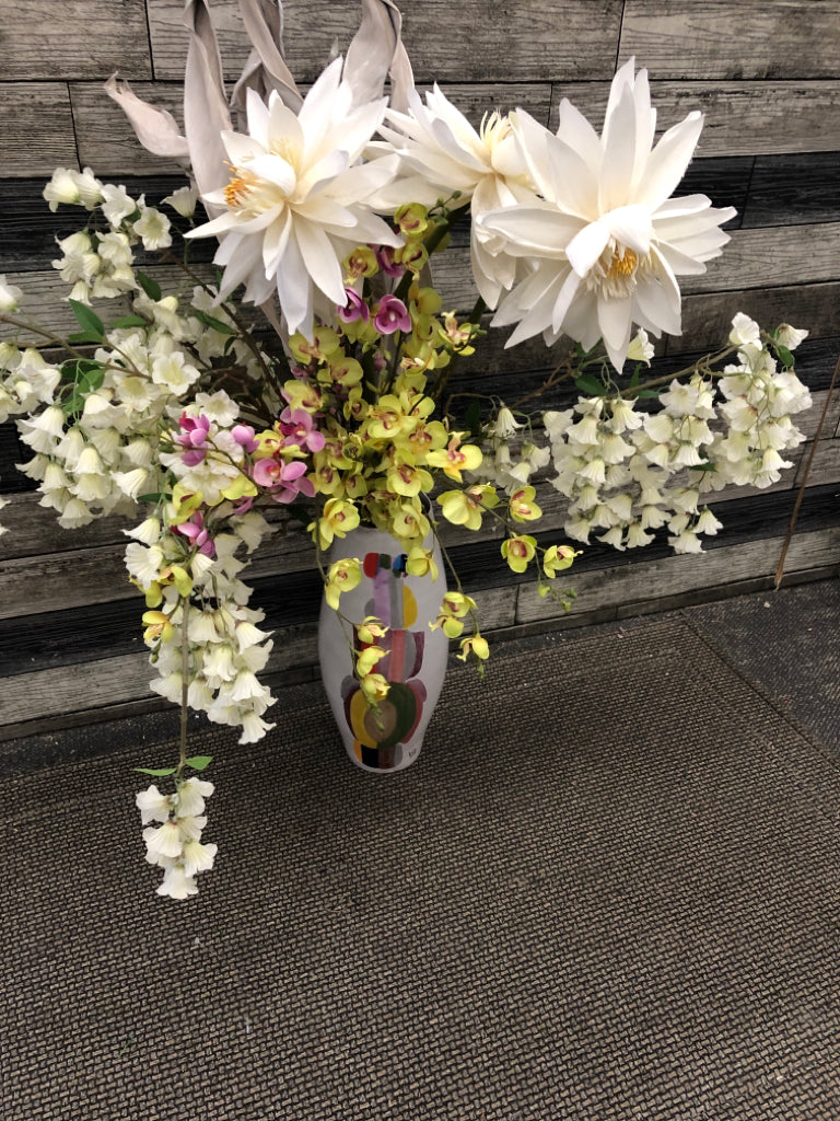 COLORFUL ABSTRACT TOTEM VASE W ASSORTED FLORAL.