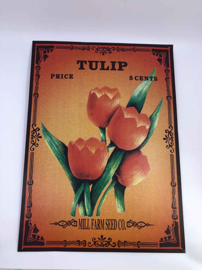 ORANGE TULIP METAL SIGN MILL FARM SEED CO.
