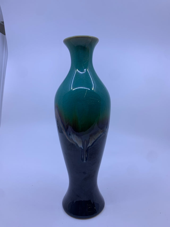 TEAL AND BROWN OMBRE VASE W FLARED TOP.