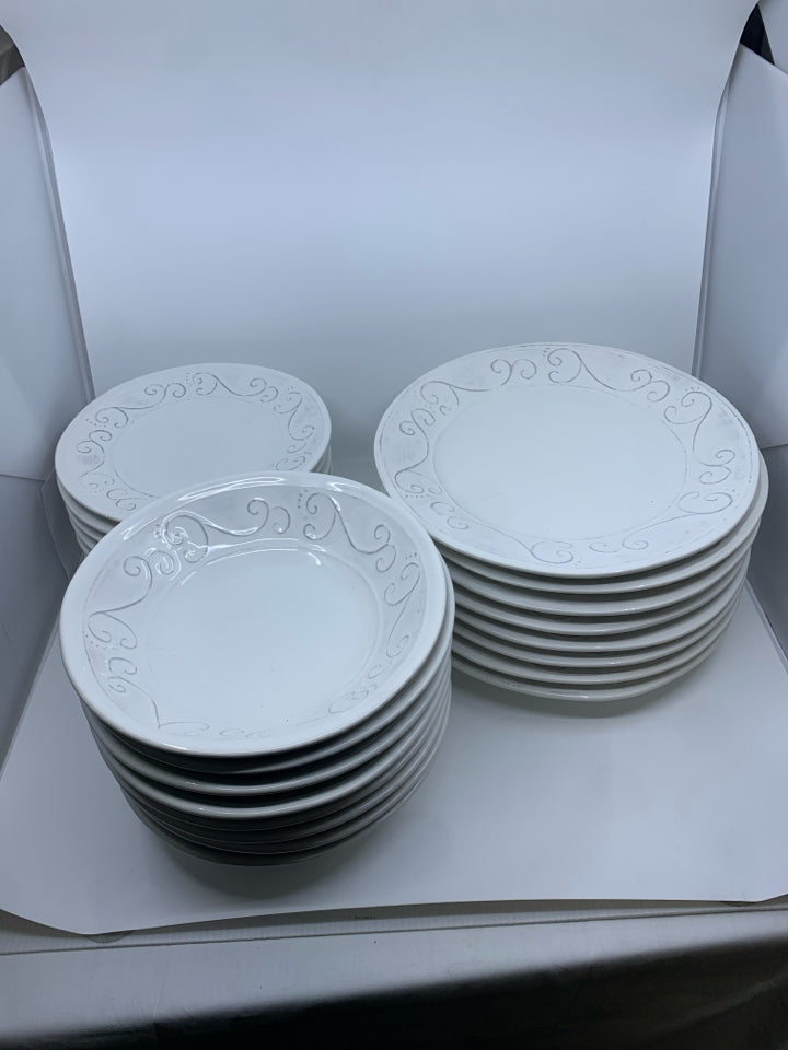 24 PC SET SVC FOR 8 WHITE W/ SCROLL RIM DETAIL MADE IN ITALY.