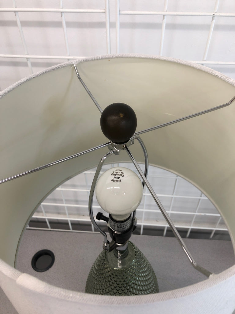 GREEN TINTED DIAMOND PATTERNED GLASS BASE W/ WHITE SHADE LAMP.