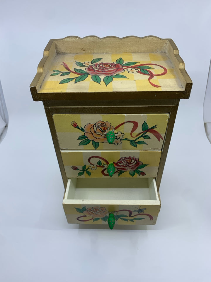 VTG YELLOW PAINTED ROSES JEWELRY BOX W 3 DRAWERS.