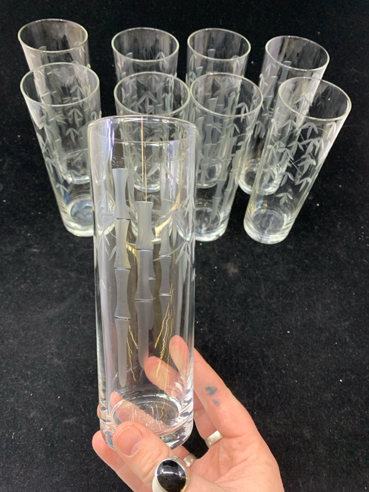 9 VTG SASAKI BAMBOO ETCHED CRYSTAL HIGHBALL GLASSES.