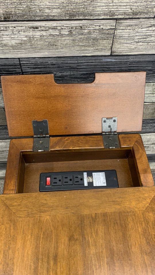 WOOD SIDE TABLE W/CUP HOLDER DRAWER SHELF AND POWER STRIP.