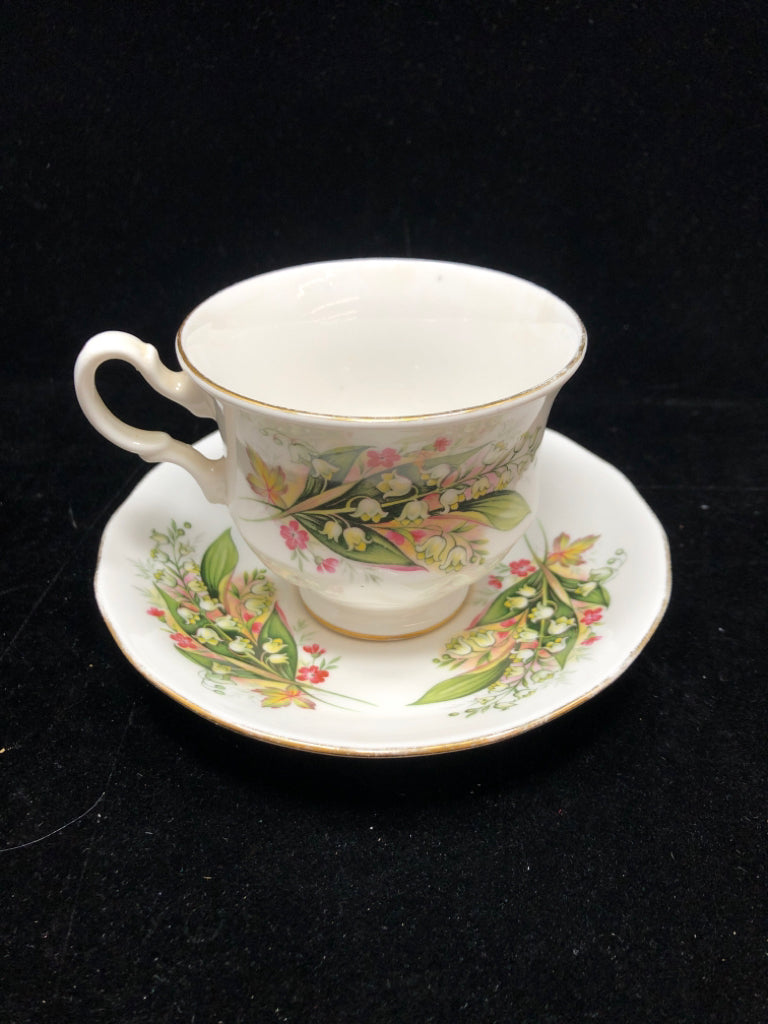 WHITE/PINK BOUQUET TEACUP & SAUCER - ROYAL VALE.