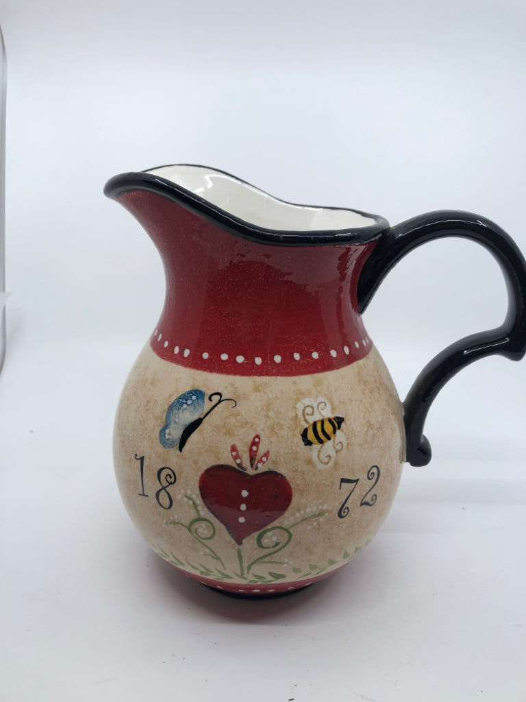 BEE + BUTTERFLY 1872 CERAMIC PITCHER.