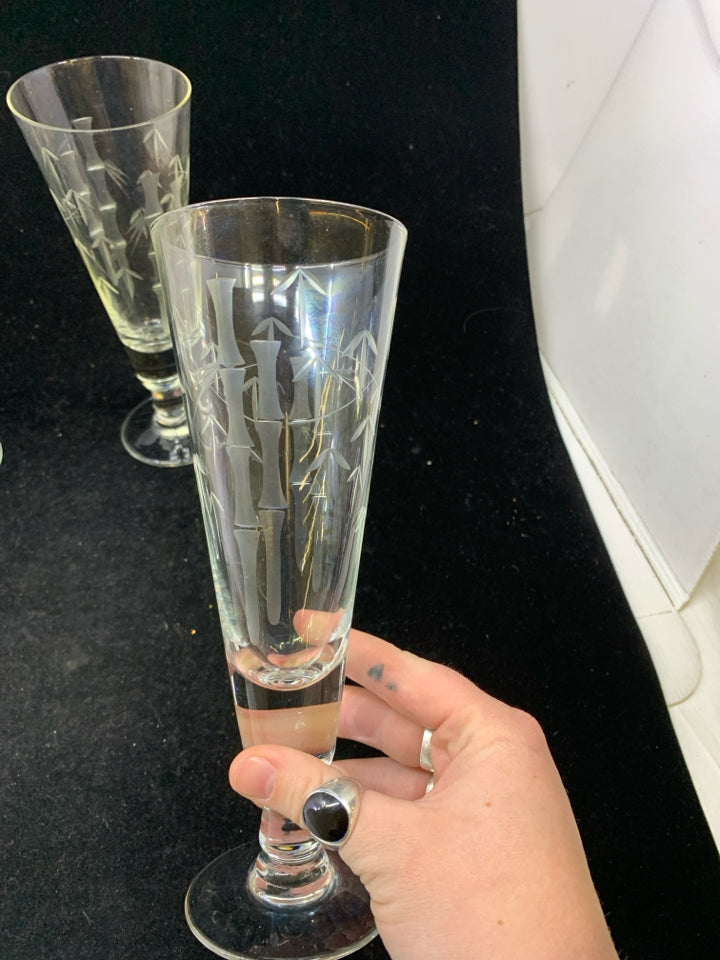 4 VTG SASAKI BAMBOO ETCHED CRYSTAL PILSNER GLASSES.
