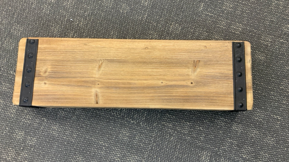 RUSTIC WOOD SHELF W/METAL DETAIL EDGE.