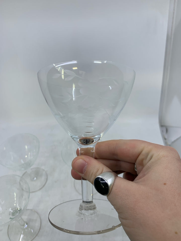 4 DELICATE SHORT WINE GLASSES W/ ETCHED FLOWERS.