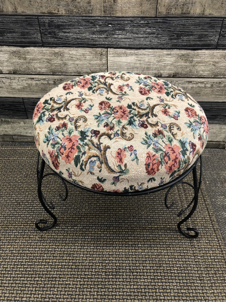 BLACK METAL FEET W/ FLORAL CUSHION STOOL.