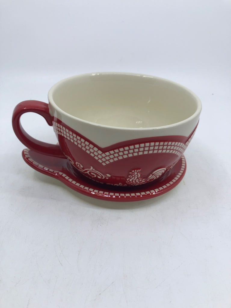 2 PC RED/CREAM COFFEE MUG AND SAUCER ROOSTER.