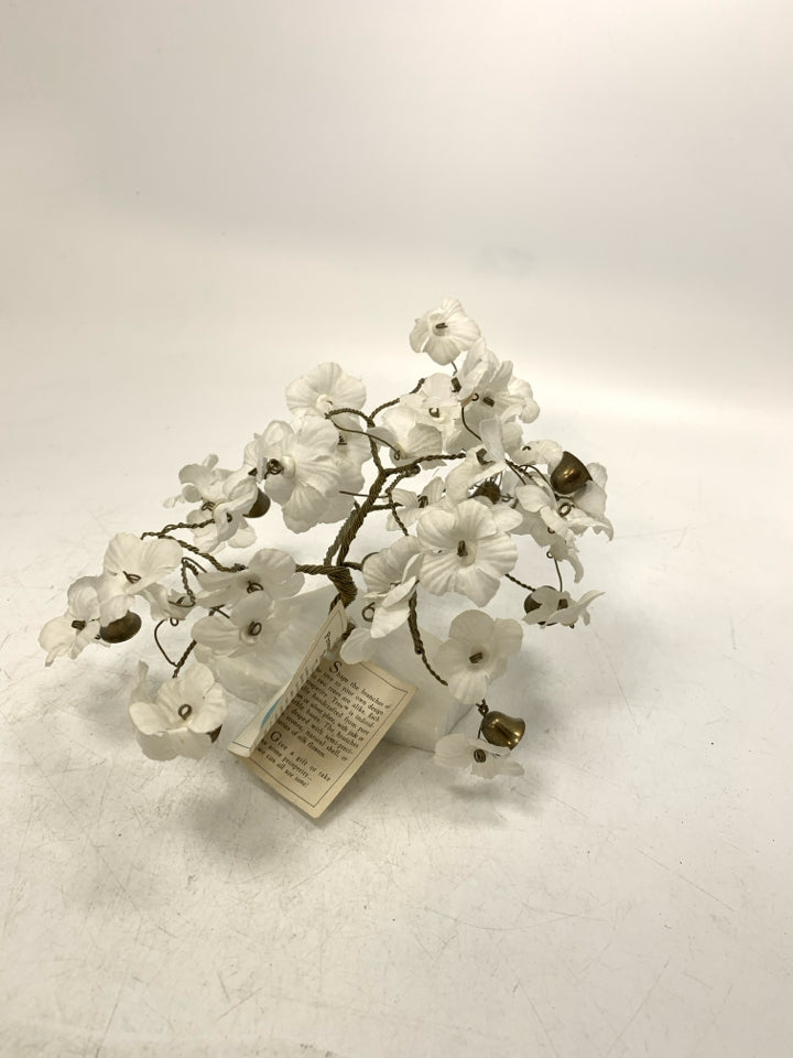 STONE BASE W/ GOLD WIRE TWISTED TREES BELLS WHITE FLOWERS.