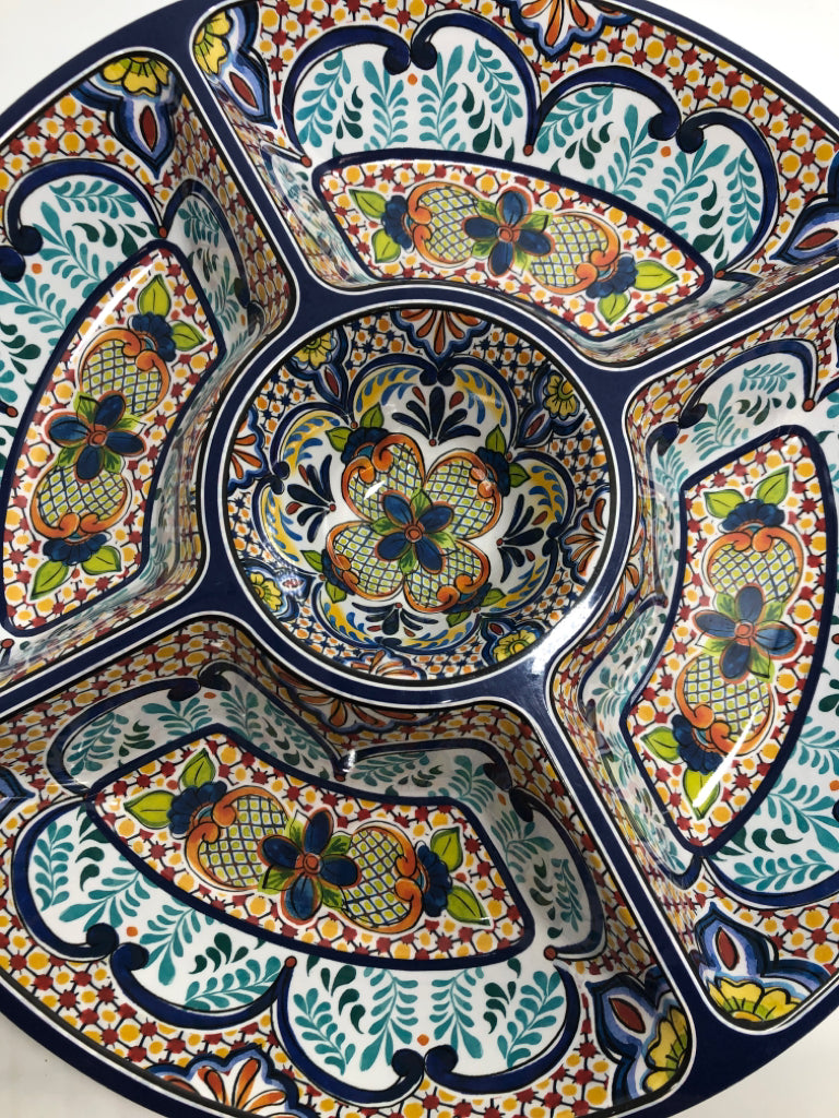 MULTI-PATTERNED DIVIDED MELAMINE SERVING DISH.