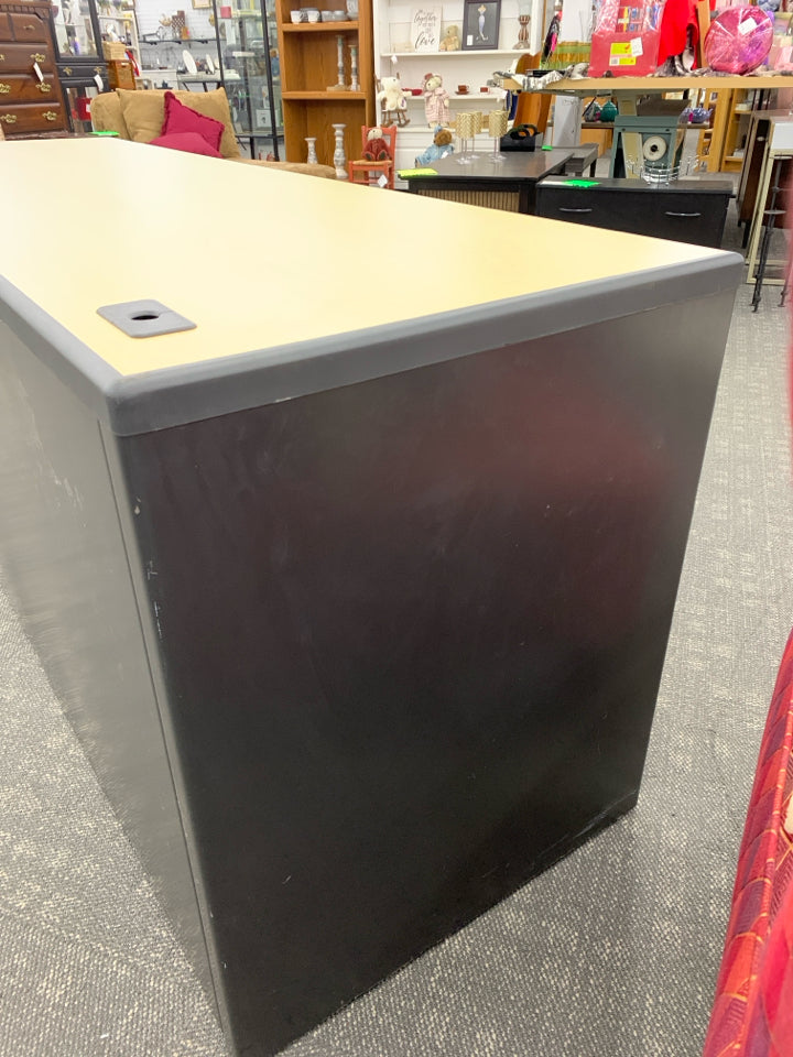 BLACK DESK W/ 2 FILING DRAWERS & WOODEN TOP.