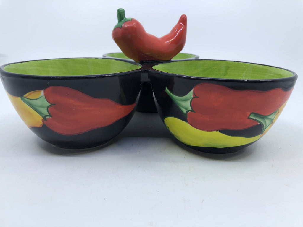 CHILI 3 DIP SERVING DISH-BLACK & GREEN.