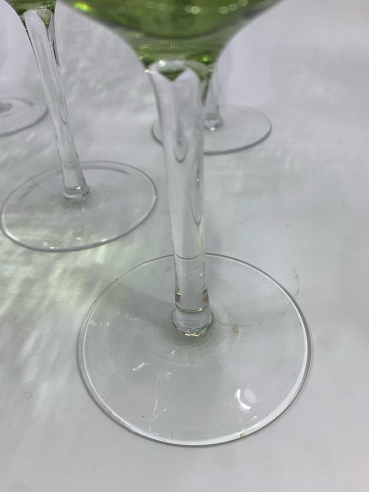6PC GREEN CRACKLE WINE GLASSES.
