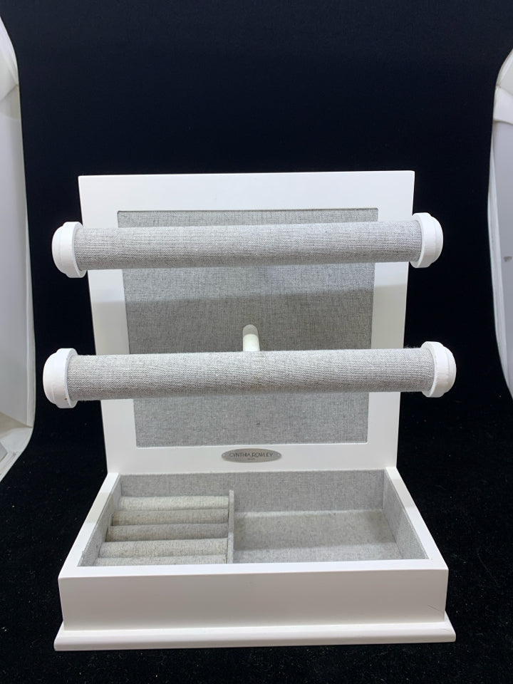 WHITE/GRAY JEWELRY STAND WITH TWO BARS AND RING HOLDER.