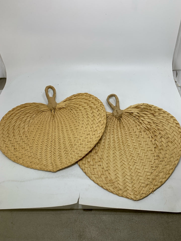 2 STRAW WOVEN FAN WALL HANGINGS.