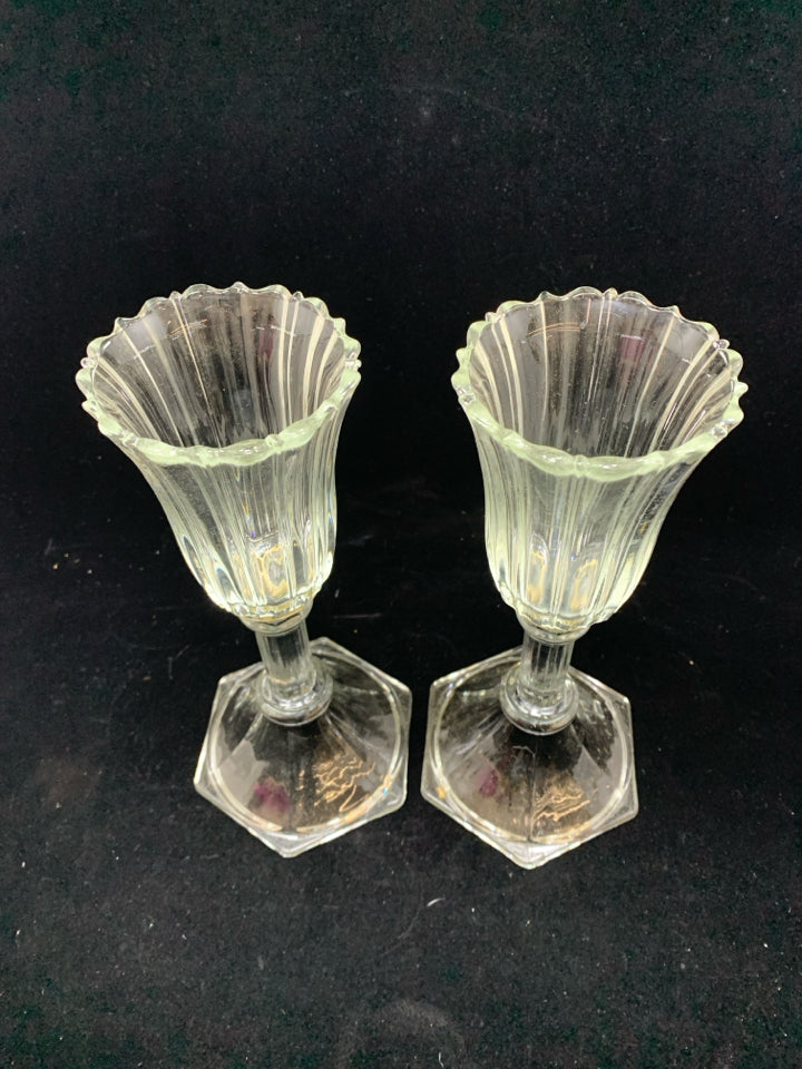 2 GLASS CANDLE HOLDERS W/RIBBED TOP.