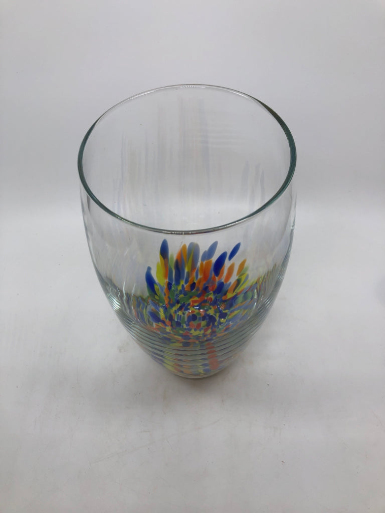 HEAVY BLOWN GLASS VASE W/COLORFUL BOTTOM.