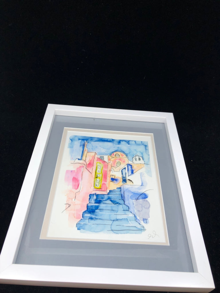 WATERCOLOR CITY SCAPE IN WHITE FRAME WALL DECOR.
