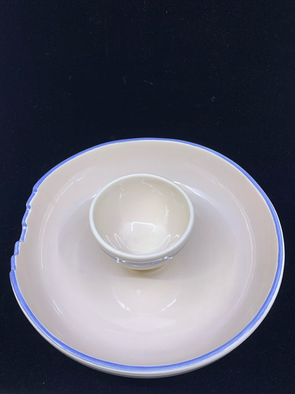 WHITE WITH BLUE EDGE CERAMIC CHIP AND DIP SERVER.