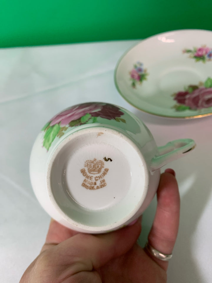 VTG PINK W BLUE ACCENTS TEACUP AND SAUCER-BONE CHINA.