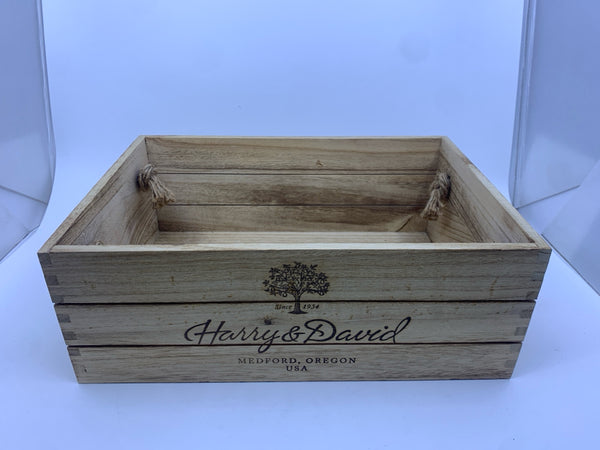 HARRY AND DAVID WOOD CRATE W/ ROPE HANDLES.